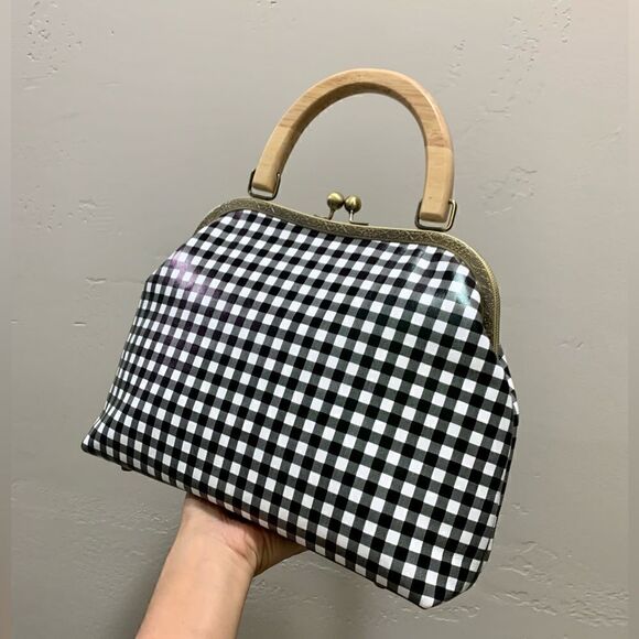 Handmade Genuine Leather Black & White Check Printed Wood Handle Satchel Bag - Picture 7 of 15